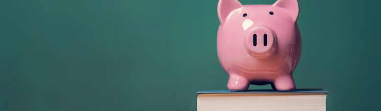 Photo of a piggybank on top of a stack of books.