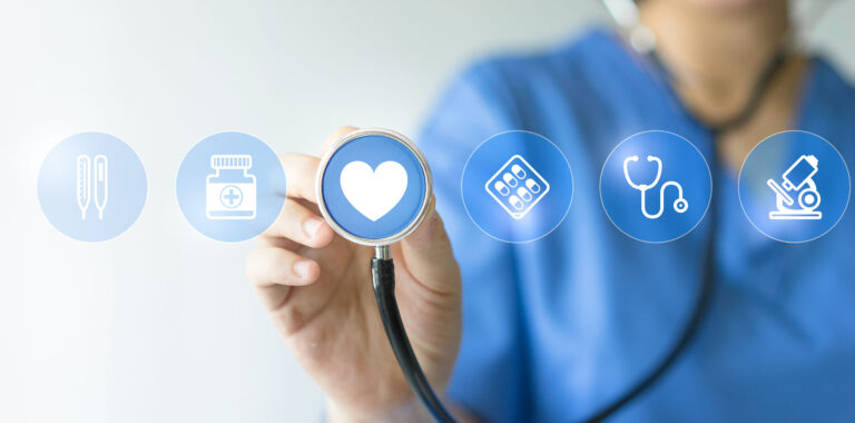 a nurse holding a stethoscope up to a heart illustration