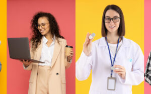 woman standing holding a laptop and a coffee and a nurse holding a stethoscope