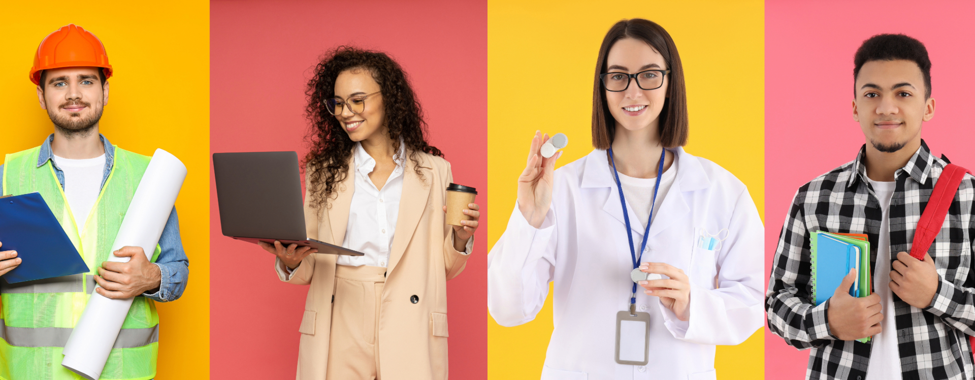 a row of four people: a construction manager, a businesswoman, a nurse, and a student