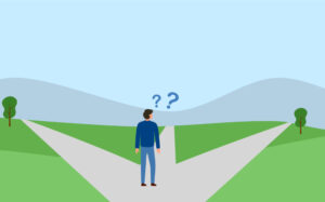 graphic showing a person trying to choose among three paths