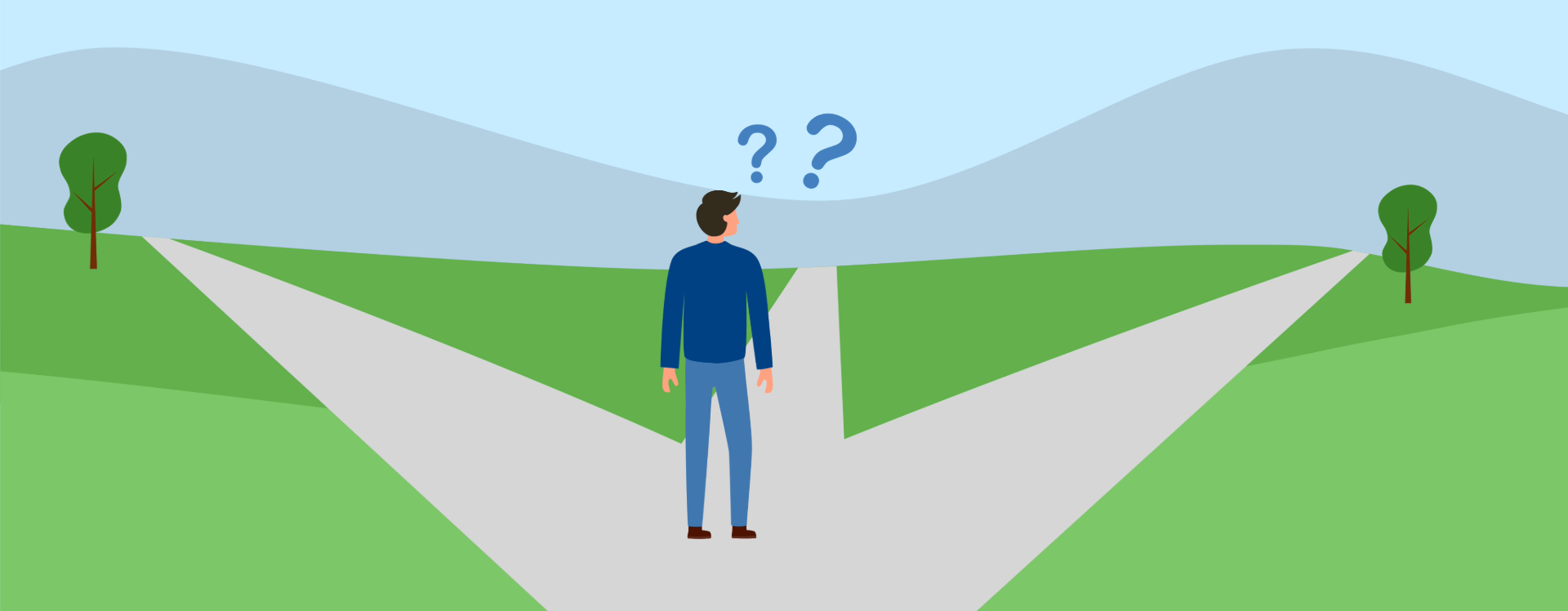 graphic showing a person trying to choose among three paths